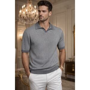 Alashan Johnny Collar Cotton-Cashmere Short Sleeve Knit Polo Sweater Gray M